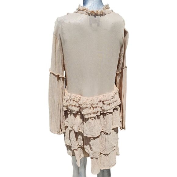 Summer of Love Beige Tiered Long Sleeve Bohemian  Neutral Mini Dress - Picture 11 of 13